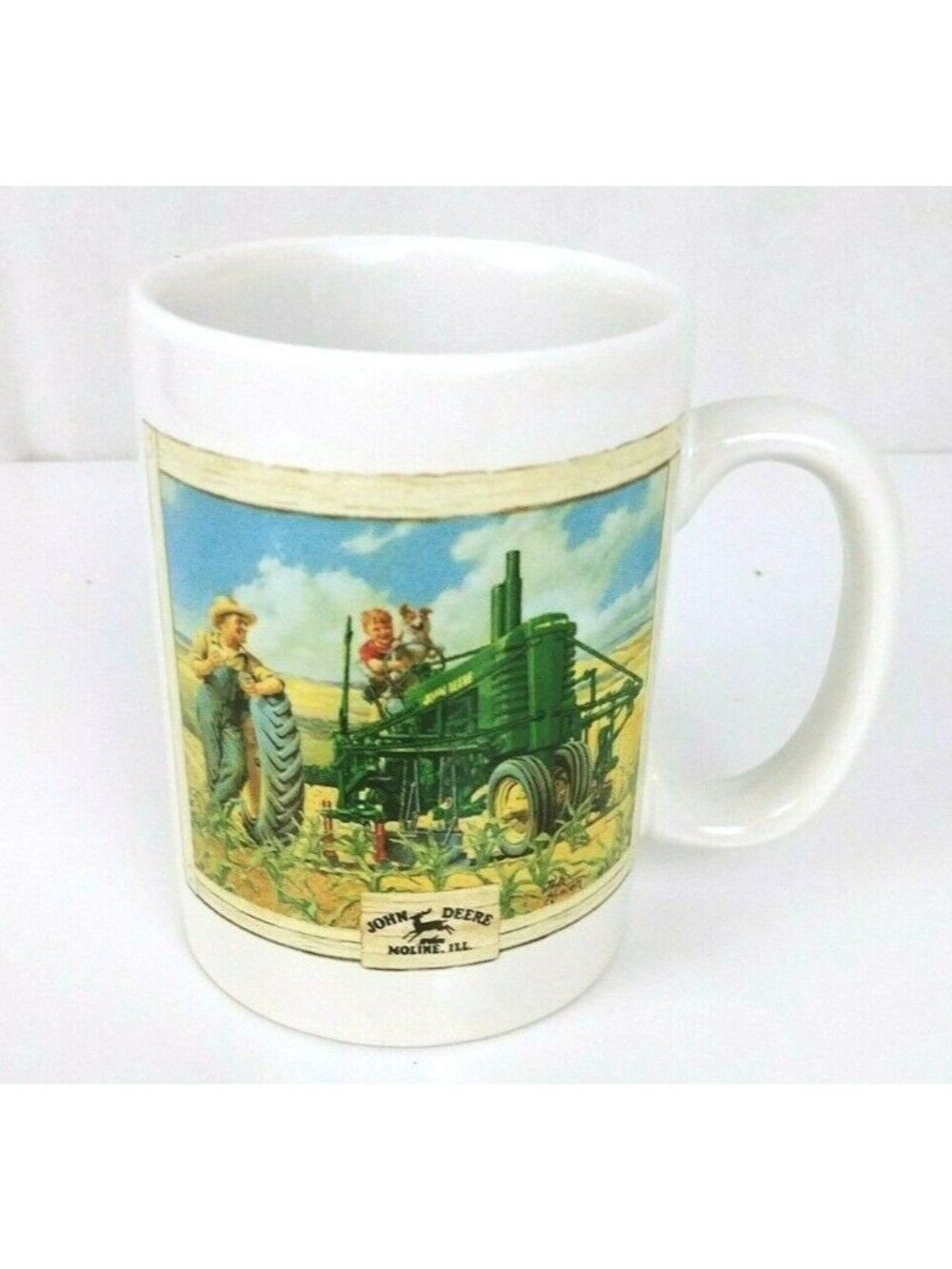 Vintage John Deere Tractor Boy & Dad On Tractor & Fishing Moline, IL. Coffee Cup